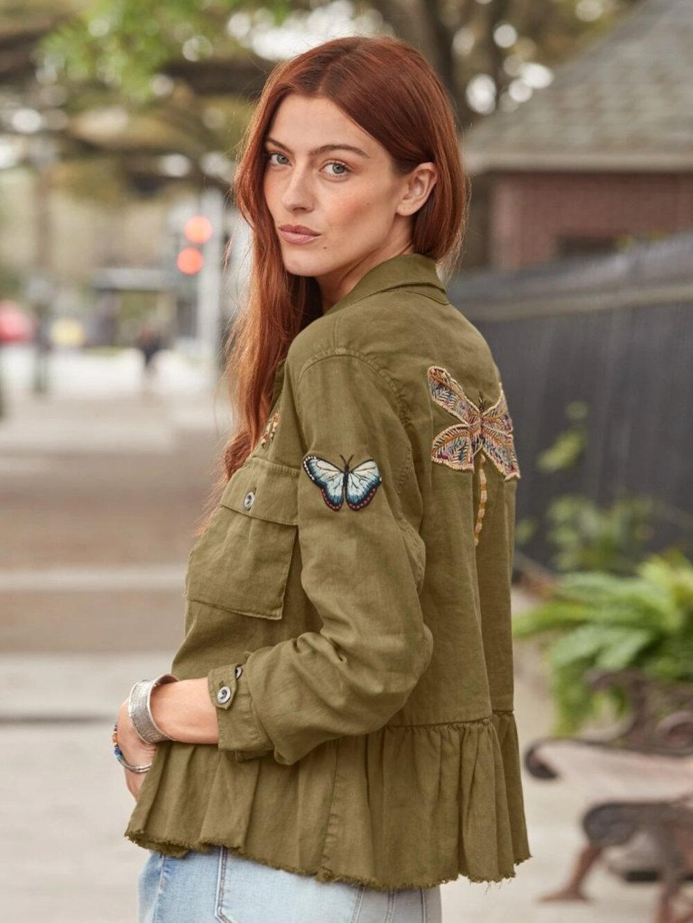 Sundance Size Petite XS  Jacket Army Green Embroidered Butterfly